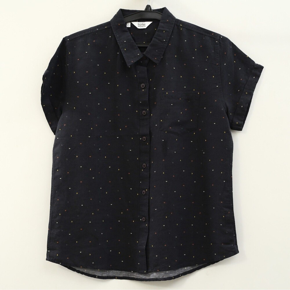 Bridge & Burn Blouse Shirt Top Buttondown Short Sleeve Black Printed M 286973